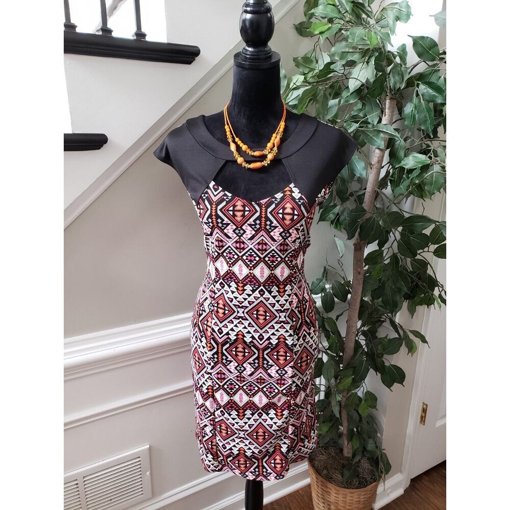 Flash Women Multicolor Polyester Round Neck Sleeveless Knee Length Dress Size L